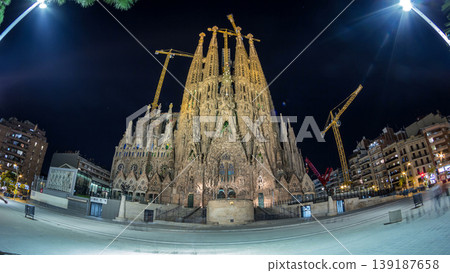Sagrada Familia, a large church in Barcelona, Spain night timelapse. Sagrada Familia, a large church in Barcelona, Spain night timelapse. 139187658