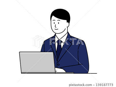 An illustration of a young man in a suit smiling while using a computer. An illustration of a young man in a suit smiling while using a computer. 139187773