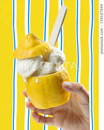 Lemon ice cream sorbet served in fresh lemon peel cup 139187849