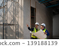 Construction planning meeting between two engineers building site professional discussion indoor environment close-up view project coordination 139188139