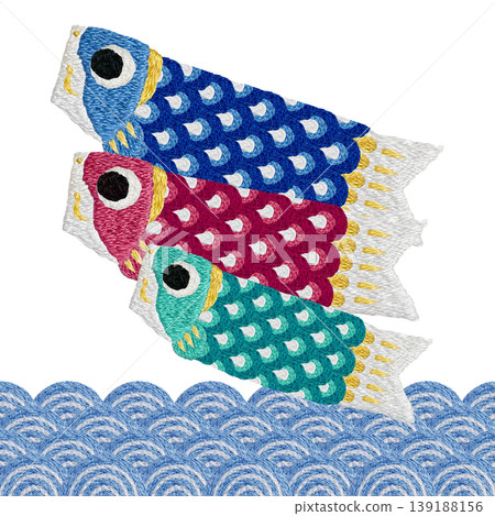 [Japanese-style waves and carp streamers] Hand-embroidered illustration material 139188156