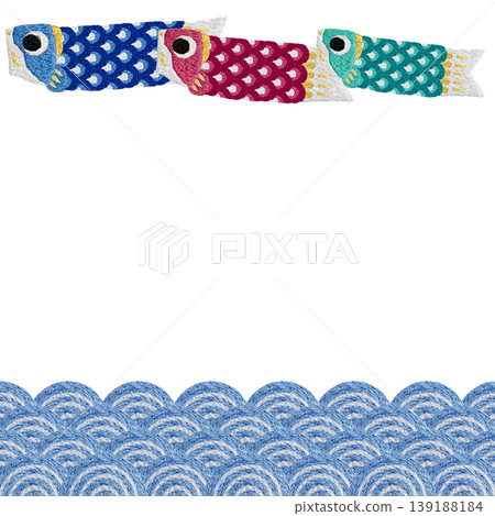[Japanese-style wave and carp streamer frame] Hand-embroidered illustration material 139188184