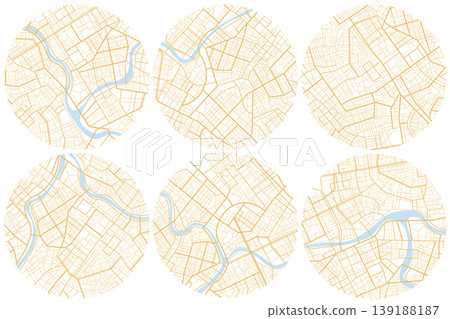 Set of plan with road and buildings. Abstract city maps, background. Top view, view from above. Fictional district plan. Quarter residential buildings. Vector, illustration isolated on white. 139188187