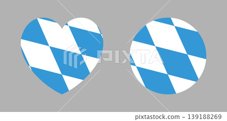 Bavaria flag circle, heart, icon, badge. Flag of the Free german State of Bavaria button, sticker, banner, background in round, heart shape set. 139188269