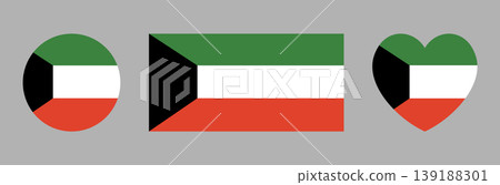 Kuwait flag icon, sticker. Kuwait circle, rectangle, heart flag button, badge. Set of heart shaped, round, rectangular flag of Kuwait banner, background. 139188301