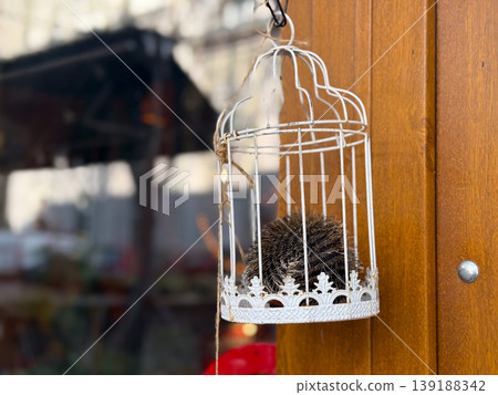 Toy hedgehog sitting inside decorative metal cage hanging on wooden door. Animal curiosity, unusual display, protection and human interaction concept. Toy hedgehog sitting inside decorative metal cage hanging on wooden door. Animal curiosity, unusual display, protection and human interaction concept. 139188342