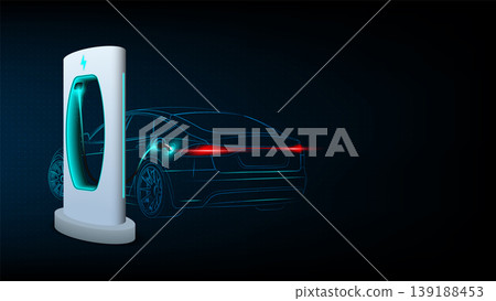 Electric car at charging station. Abstract Electric Power Charger EV Clean Energy Alternative Energy electric charger concept. Electronic vehicle power dock. Vector illustration. 139188453