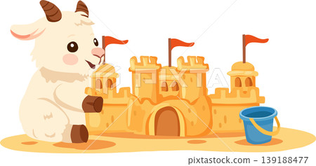 sandcastle cute goat cartoon beach illustration kids summer seaside play with bucket and sand sandcastle cute goat cartoon beach illustration kids summer seaside play with bucket and sand 139188477