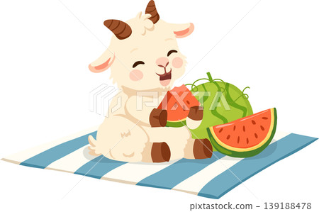 goat cartoon eating watermelon on picnic blanket cute summer animal illustration for kids friendly design goat cartoon eating watermelon on picnic blanket cute summer animal illustration for kids friendly design 139188478