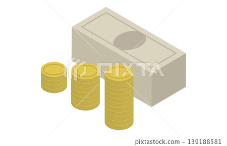 An isometric illustration of stacks of cash and coins for saving, investing, and building wealth. 139188581