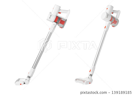 Set White background showcases sleek cordless vacuum technology. Wireless stick cleaner for modern Set White background showcases sleek cordless vacuum technology. Wireless stick cleaner for modern 139189185