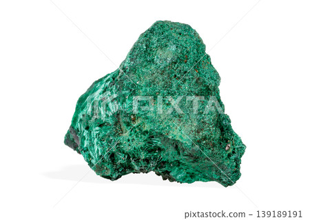 Vibrant green malachite crystal specimen with rich banding patterns isolated on white background 139189191