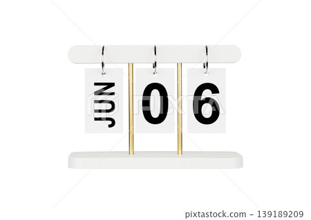 Modern flip calendar with June 06 date isolated on white. Office time management tool icon. Modern flip calendar with June 06 date isolated on white. Office time management tool icon. 139189209