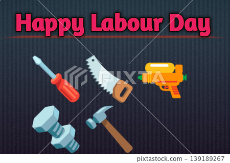 Happy Labour Day Red Bold Text with Construction Tools Background 139189267