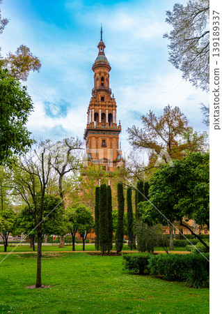 Seville Plaza De Espana Tower Surrounded By Green Park Seville Plaza De Espana Tower Surrounded By Green Park 139189337