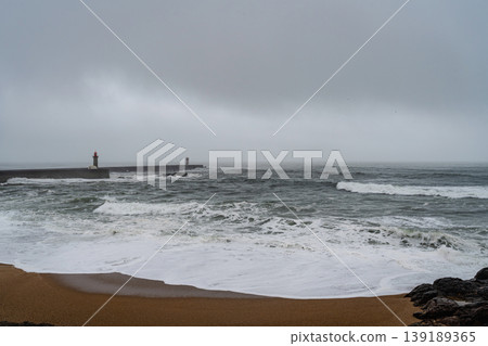 Stormy Atlantic ocean with waves in Porto Portugal Stormy Atlantic ocean with waves in Porto Portugal 139189365