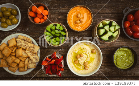 Various hummus dips, healthy and vegan snack 139189375