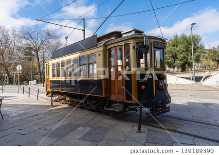 Vintage tram on street in Porto Portugal Vintage tram on street in Porto Portugal 139189390