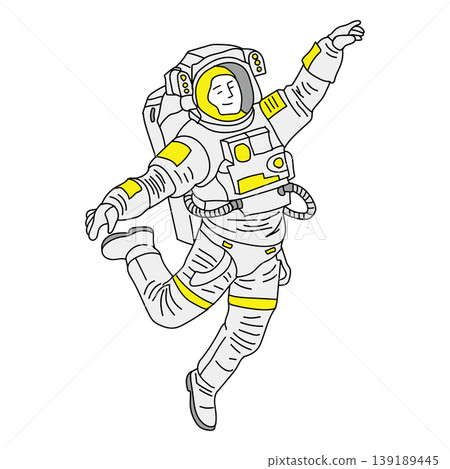 一幅太空人翩翩起舞的平面插畫。 139189445