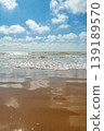 vertical flyer with concept of invitation to vacation secluded beaches Mediterranean Sea, resorts overlooking magnificent sea view from sandy beach, blue sky reflected wet sand, copy space for text 139189570