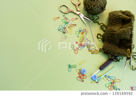 flat lay knitting tools yarn and handmade craft supplies flat lay knitting tools yarn and handmade craft supplies 139189592
