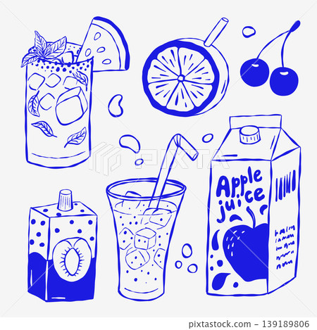 Sketch-style illustrations of juice boxes, glasses, fruit slices Sketch-style illustrations of juice boxes, glasses, fruit slices 139189806