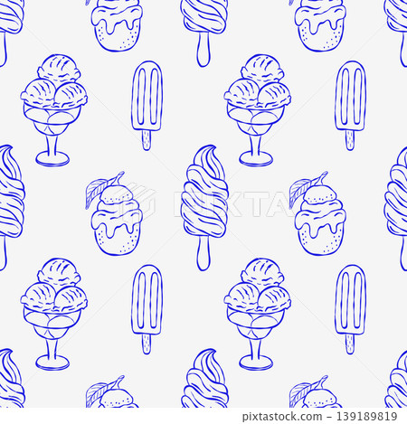 Blue line art pattern featuring ice cream treats on neutral backdrop 139189819