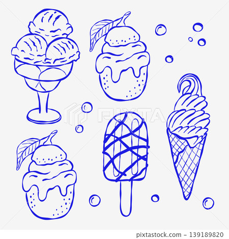 Five hand-drawn ice cream items with playful bubbles 139189820