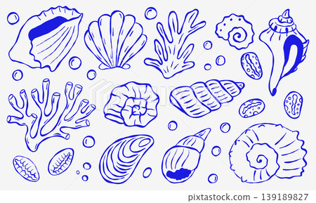 Hand drawn blue outline of ocean shells and coral 139189827