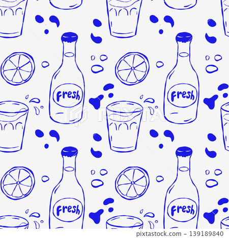 Light blue illustrated pattern with water, citrus, and whimsical elements 139189840