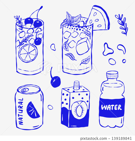 Blue ink style drawing of assorted beverages: cocktails, canned drinks Blue ink style drawing of assorted beverages: cocktails, canned drinks 139189841