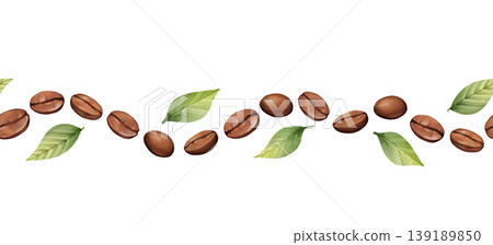 Coffee beans seamless border with roasted arabica beans and green leaves. Horizontal repeating pattern. Hand drawn aesthetic. Coffee beans seamless border with roasted arabica beans and green leaves. Horizontal repeating pattern. Hand drawn aesthetic. 139189850