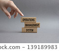 Operations Management System symbol. Concept word Operations Management System on wooden blocks. Businessman hand. Beautiful grey background. Business and Operations Management System. Copy space 139189983