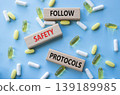 FOLLOW SAFETY PROTOCOLS symbol. Concept words PFOLLOW SAFETY PROTOCOLS on wooden blocks. Beautiful blue background with pills. Healthcare and FOLLOW SAFETY PROTOCOLS concept. Copy space. 139189985
