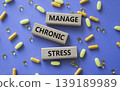 Manage Chronic Stress symbol. Concept words Manage Chronic Stress on wooden blocks. Beautiful purple background with pills. Healthcare and Manage Chronic Stress concept. Copy space. 139189989