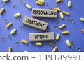 Personalized treatment options symbol. Concept words Personalized treatment options on wooden blocks. Beautiful purple background with pills. Healthcare and Personalized treatment options concept. 139189991