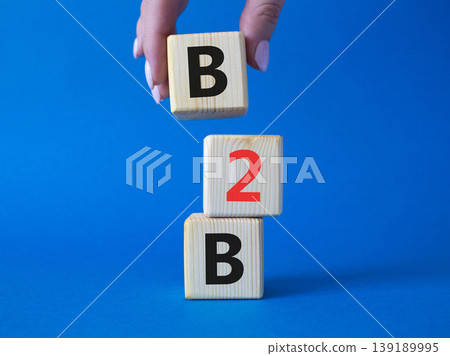 B2B, business to business marketing symbol. Concept word B2B on wooden blocks. Beautiful blue background. Businessman hand. Business and B2B concept. Copy space 139189995