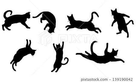 Cat Silhouettes Various Playful and Hunting Poses 139190042