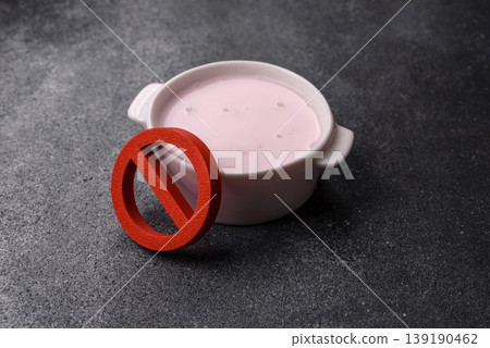 Liquid drinking yogurt with a lactose free sign, a useful food. Lactose free yogurt Liquid drinking yogurt with a lactose free sign, a useful food. Lactose free yogurt 139190462