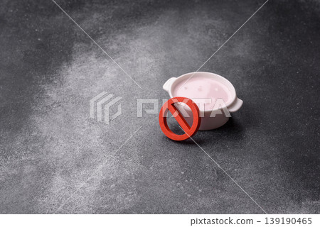 Liquid drinking yogurt with a lactose free sign, a useful food. Lactose free yogurt Liquid drinking yogurt with a lactose free sign, a useful food. Lactose free yogurt 139190465