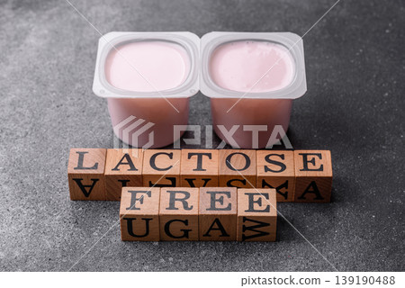 Liquid lactose free yogurt, a useful food for digestive health. Lactose free yogurt Liquid lactose free yogurt, a useful food for digestive health. Lactose free yogurt 139190488