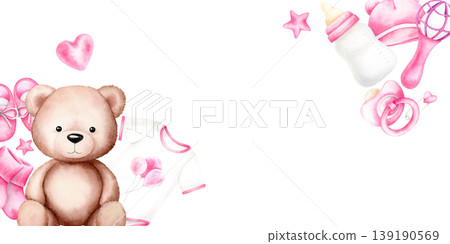 Teddy bear, bodysuit, beanie, socks, shoes, rattle, pacifier, bottle, safety pin, stars, heart. Pink girl items frame with copy space for baby shower cards. Watercolor hand drawn illustration on white Teddy bear, bodysuit, beanie, socks, shoes, rattle, pacifier, bottle, safety pin, stars, heart. Pink girl items frame with copy space for baby shower cards. Watercolor hand drawn illustration on white 139190569