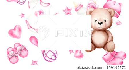 Teddy bear, bodysuit, beanie, socks, shoes, rattle, pacifier, bottle, stars, heart. Pink girl items frame with copy space for baby shower, birthday cards. Watercolor hand drawn illustration on white. Teddy bear, bodysuit, beanie, socks, shoes, rattle, pacifier, bottle, stars, heart. Pink girl items frame with copy space for baby shower, birthday cards. Watercolor hand drawn illustration on white. 139190571