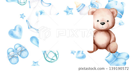 Teddy bear, bodysuit, beanie, socks, shoes, rattle, pacifier, bottle, stars, heart. Blue boy items frame with copy space for baby shower, birthday cards. Watercolor hand drawn illustration on white. Teddy bear, bodysuit, beanie, socks, shoes, rattle, pacifier, bottle, stars, heart. Blue boy items frame with copy space for baby shower, birthday cards. Watercolor hand drawn illustration on white. 139190572