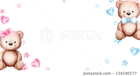Whimsical watercolor hand drawn illustration with cute teddy bears, pink and blue bows, hearts and stars on white background. Drawing with copy space perfect for nursery, baby designs, greeting cards. Whimsical watercolor hand drawn illustration with cute teddy bears, pink and blue bows, hearts and stars on white background. Drawing with copy space perfect for nursery, baby designs, greeting cards. 139190577