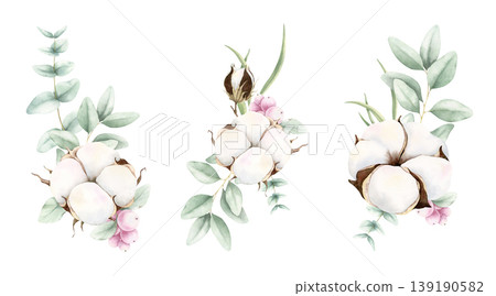 Hand drawn soft elegant cotton, eucalyptus and pink snowberries bouquets. Watercolor botanical illustration isolated on white background. Drawing for floral greeting cards, invitation, wedding designs Hand drawn soft elegant cotton, eucalyptus and pink snowberries bouquets. Watercolor botanical illustration isolated on white background. Drawing for floral greeting cards, invitation, wedding designs 139190582
