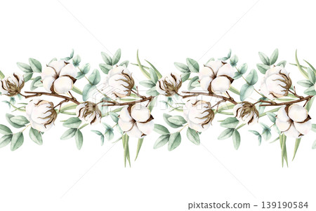 Watercolor cotton and green eucalyptus branches seamless border. Hand drawn illustration isolated on white background. Botanical painting for greeting cards, invitations, wedding design, web banners. Watercolor cotton and green eucalyptus branches seamless border. Hand drawn illustration isolated on white background. Botanical painting for greeting cards, invitations, wedding design, web banners. 139190584