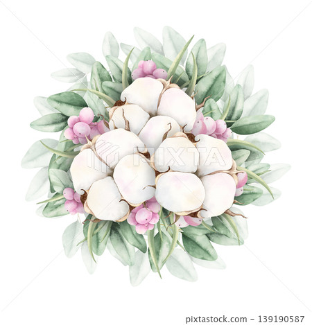 Hand drawn soft elegant cotton, eucalyptus and pink snowberries bouquet. Watercolor botanical illustration isolated on white background. Drawing for floral greeting cards, invitation, wedding designs. Hand drawn soft elegant cotton, eucalyptus and pink snowberries bouquet. Watercolor botanical illustration isolated on white background. Drawing for floral greeting cards, invitation, wedding designs. 139190587