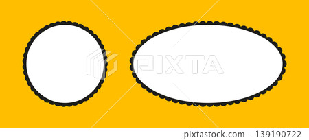 Scalloped white frames collection. Elements for tags, stickers of labels collection isolated on yellow. Ellipse and circle shapes with scalloped edges. Label forms. Silhouette lace frame, backgrounds. 139190722