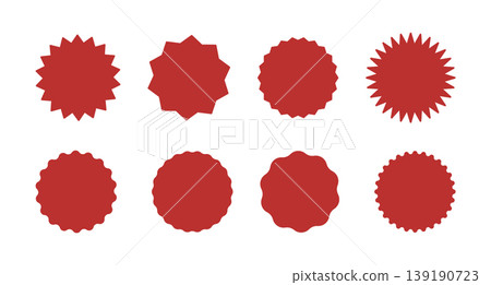 Red circle sticker collection. Star burst shape tags for shop, price. Wavy edge promo red badge. Vintage labels. Blank sale stickers set, simple silhouette. 139190723